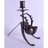 AN EXTREMELY RARE 18TH/19TH CENTURY INDO PERSIAN STEEL TRAVELLING CANDLESTICK decorated with extensi