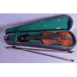 A CASED TWO PIECE BACK VIOLIN with two bows. 56 cm long. (3)