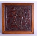 A SMALLER 19TH CENTURY GERMAN BAVARIAN BLACK FOREST WOOD PANEL depicting a boer hunting scene. Panel