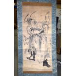 A 19TH CENTURY JAPANESE MEIJI PERIOD INK SCROLL painted with a figure within a landscape in black. I