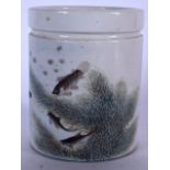 A CHINESE REPUBLICAN PERIOD PORCELAIN BRUSH POT, decorated with swimming fish and calligraphy. 15 cm