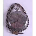 AN ANTIQUE SILVER POCKET WATCH with gold numerals. 5.5 cm diameter.