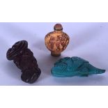 A CHINESE CARVED TURQUOISE SNUFF BOTTLE IN THE FORM OF A FISH, together with another and a wooden ca