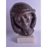A LARGE 1950S BRONZE BUST OF A FEMALE modelled with flowing locks upon a marble base. Head 30 cm x 1