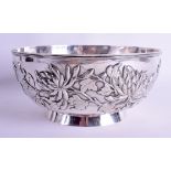 A LARGE 19TH CENTURY CHINESE EXPORT SILVER BOWL By Wang Hing, decorated with chrysanthemum. 717 gram