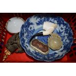 A JAPANESE BLUE AND WHITE BOWL,, together with soapstone dish etc. (qty)