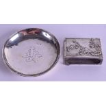 A LATE 19TH CENTURY CHINESE EXPORT SILVER MATCHBOX HOLDER by Zeewo, together with a Zeewo dish. 84 g