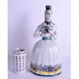 A RARE 19TH CENTURY FRENCH FAIENCE TIN GLAZED DECANTER possibly Quimper, modelled as a female holdin