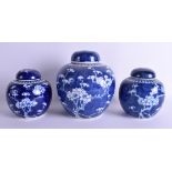 THREE CHINESE BLUE AND WHITE GINGER JARS Late Qing. Largest 21 cm x 10 cm. (3)