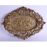 A 19TH CENTURY EUROPEAN GILT BRONZE OVAL OPEN WORK DISH depicting a classical scene with figures upo