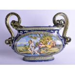 A LARGE 19TH CENTURY ITALIAN MAJOLICA FAIENCE TWIN HANDLED BOWL possibly Nevers, with serpent handle