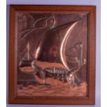 A LARGE ARTS AND CRAFTS COPPER PLAQUE possibly Newlyn, depicting a Viking boat at sea. Copper 38 cm