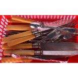 A QUANTITY OF SILVER PLATED FLATWARE, together with sugar tongs etc. (qty)
