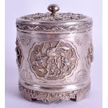 A 19TH CENTURY CHINESE SILVER BOX AND COVER decorated with panels of foliage and birds within landsc