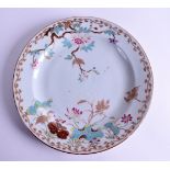 AN 18TH CENTURY CHINESE EXPORT FAMILLE ROSE PLATE Qianlong, painted with birds amongst foliage. 22 c