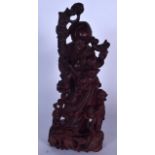 A LARGE EARLY 20TH CENTURY CHINESE HARDWOOD FIGURE OR STATUE, carved in the form of Sage holding a s