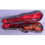 A CASED TWO PIECE BACK VIOLIN with two bows. 56 cm long. (3)