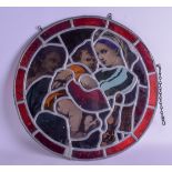 A STAIN GLASS WINDOW CIRCULAR HANGIONG PANEL depicting figures after Rapheal. 44 cm diameter.