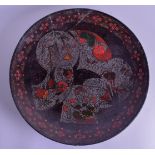 A VERY LARGE UNUSUAL 19TH CENTURY JAPANESE MEIJI PERIOD LACQUERED DISH using porcelain, cloisonné &
