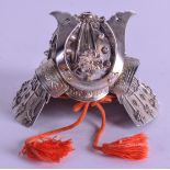A LOVELY 19TH CENTURY JAPANESE MEIJI PERIOD SILVER SAMURAI HELMET INKWELL decorated with knotted rop