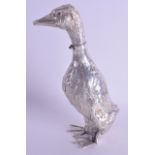 A 19TH CENTURY CONTINENTAL SILVER DUCK DECANTER AND COVER of naturalistic form with sapphire glass e