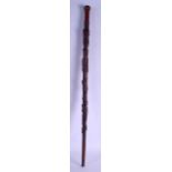 A RARE 18TH CENTURY EUROPEAN CARVED YEW WOOD FOLK ART WALKING CANE possibly Irish, decorated with fi