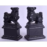 A PAIR OF LATE 19TH CENTURY CHINESE CARVED OBSIDIAN BUDDHISTIC LIONS engraved with foliage. 11.5 cm