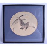 AN EARLY 20TH CENTURY JAPANESE MEIJI PERIOD CIRCULAR WATERCOLOUR painted with birds in flight. Image