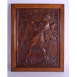 A RARE LARGE 19TH CENTURY GEMRAN BAVARIAN BLACK FOREST WOOD PANEL depicting a hunting scene with fig