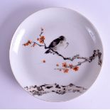 A CHINESE REPUBLICAN PERIOD PORCELAIN SAUCER DISH painted with a hawk perched upon a floral sprig. 1