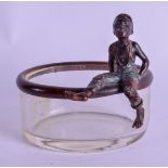 AN EARLY 20TH CENTURY AUSTRIAN COLD PAINTED BRONZE DISH formed as a seated boy upon a glass dish. 9