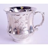 A SMALL LATE 19TH CENTURY CHINESE EXPORT SILVER MUG decorated with birds amongst foliage. 107 grams.