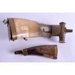 TWO ANTIQUE CARVED HORN AND BRASS SHOT POWDER FLASKS. 26 cm & 15 cm long. (2)