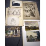 A FOLDER CONTAINING PENCIL SKETCHES, together with three watercolours. Largest 41 cm x 54 cm. (7)