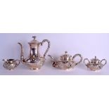 A GOOD EARLY 20TH CENTURY CHINESE EXPORT FOUR PIECE SILVER TEASET decorated with figures in relief,