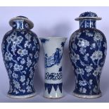 A PAIR OF 18TH CENTURY CHINESE BLUE AND WHITE PRUNUS VASE BEARING KANGXI MARKS, together with a Tran