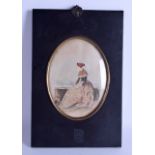 A MID 19TH CENTURY FRAMED WATERCOLOUR depicting a seated female in classical robes, modelled peering