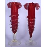 A PAIR OF STEVENS AND WILLIAMS VICTORIAN GLASS VASE, formed with handkerchief rim over tapering body