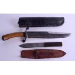 A 19TH CENTURY INDIAN ARNACHELLUM SALEM BOWIE KNIFE together with a smaller knife. 39 cm & 20 cm lon