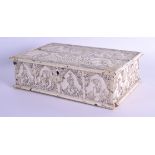 A RARE LARGE 18TH CENTURY INDIAN CARVED IVORY RECTANGULAR BOX AND COVER decorated with figures of ro