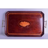 A LARGE EDWARDIAN MAHOGANY TWIN HANDLED TRAY inset with a shell. 70 cm x 40 cm.