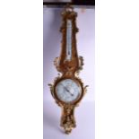 A GOOD 19TH CENTURY FRENCH KINGWOOD AND ORMOLU BAROMETER by Ronquetti of Paris, overlaid with scroll