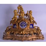 A LARGE 19TH CENTURY FRENCH ORMOLU AND BLUE ENAMEL MANTEL CLOCK of scrolling naturalistic form, pain