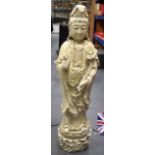 A LARGE CHINESE BLANC DE CHINE STATUE OF GUANYIN, modelled standing holding a ruyi sceptre. 82 cm hi