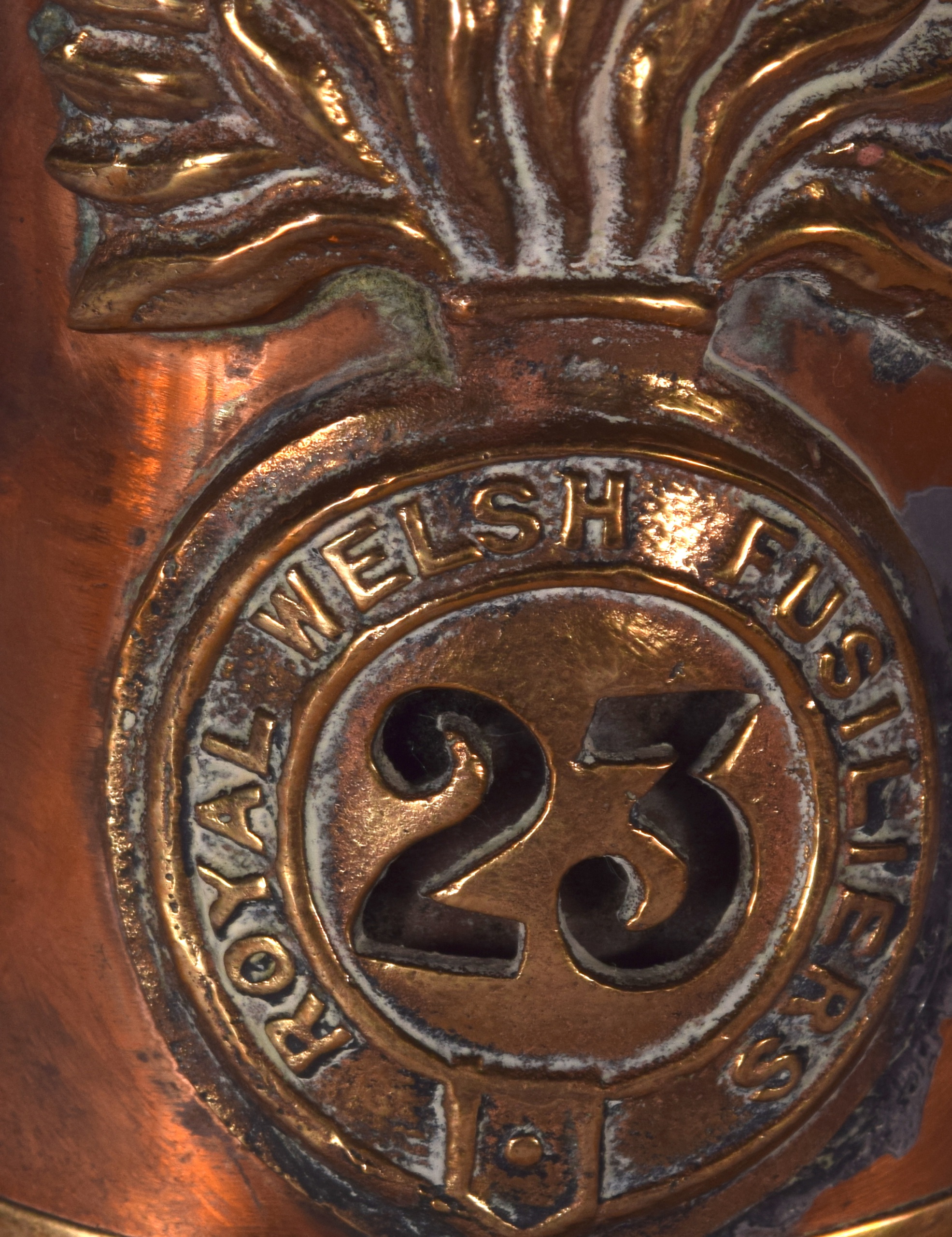 AN EARLY 20TH CENTURY ROYAL WELSH FUSILIERS COPPER HORN, decorated with a plaque and thick blue rope - Bild 2 aus 2