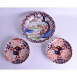 AN EARLY 19TH CENTURY JAPANESE EDO PERIOD IMARI DISH together with a pair of Meiji Period imari plat