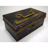 A TOLEWARE TIN, containing coins etc. (qty)