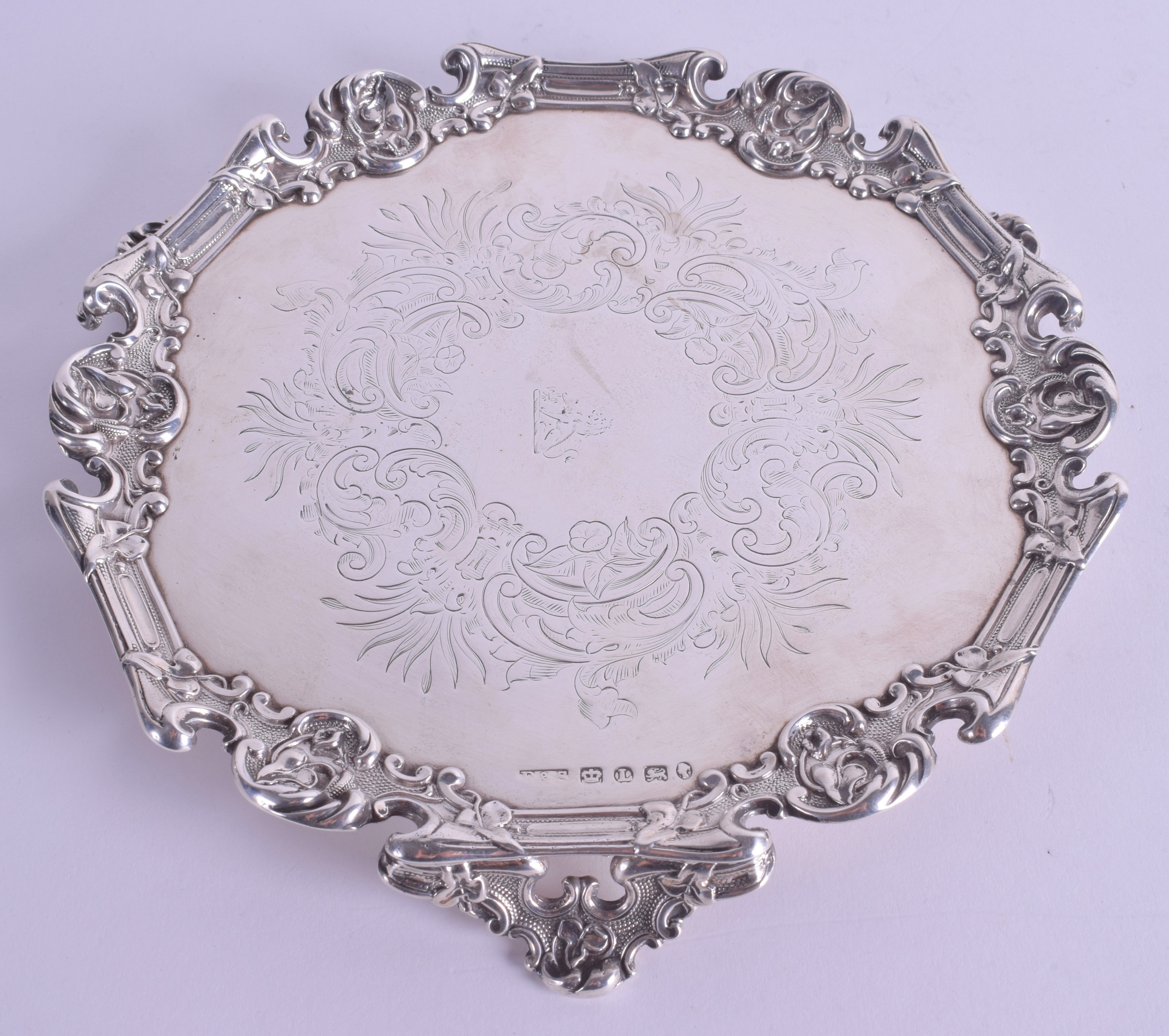 A VICTORIAN SILVER SALVER by Roberts & Slater. Sheffield 1854. 11 oz. 11 cm wide.