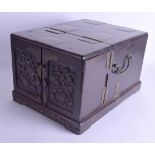 A GOOD 19TH CENTURY CHINESE CARVED HONGMU TRAVELLING VAINTY BOX Qing, unusually carved with lotus fl