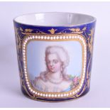 A 19TH CENTURY SEVRES TYPE SMALL MUG painted with a jewelled portrait of a lady. 5.5 cm high.
